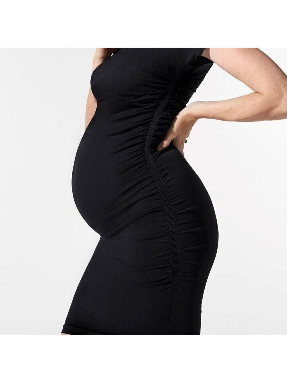 Blanqi Everyday Maternity Dress S Black Mini Cap Sleeve Ruched Sides Stretchy
